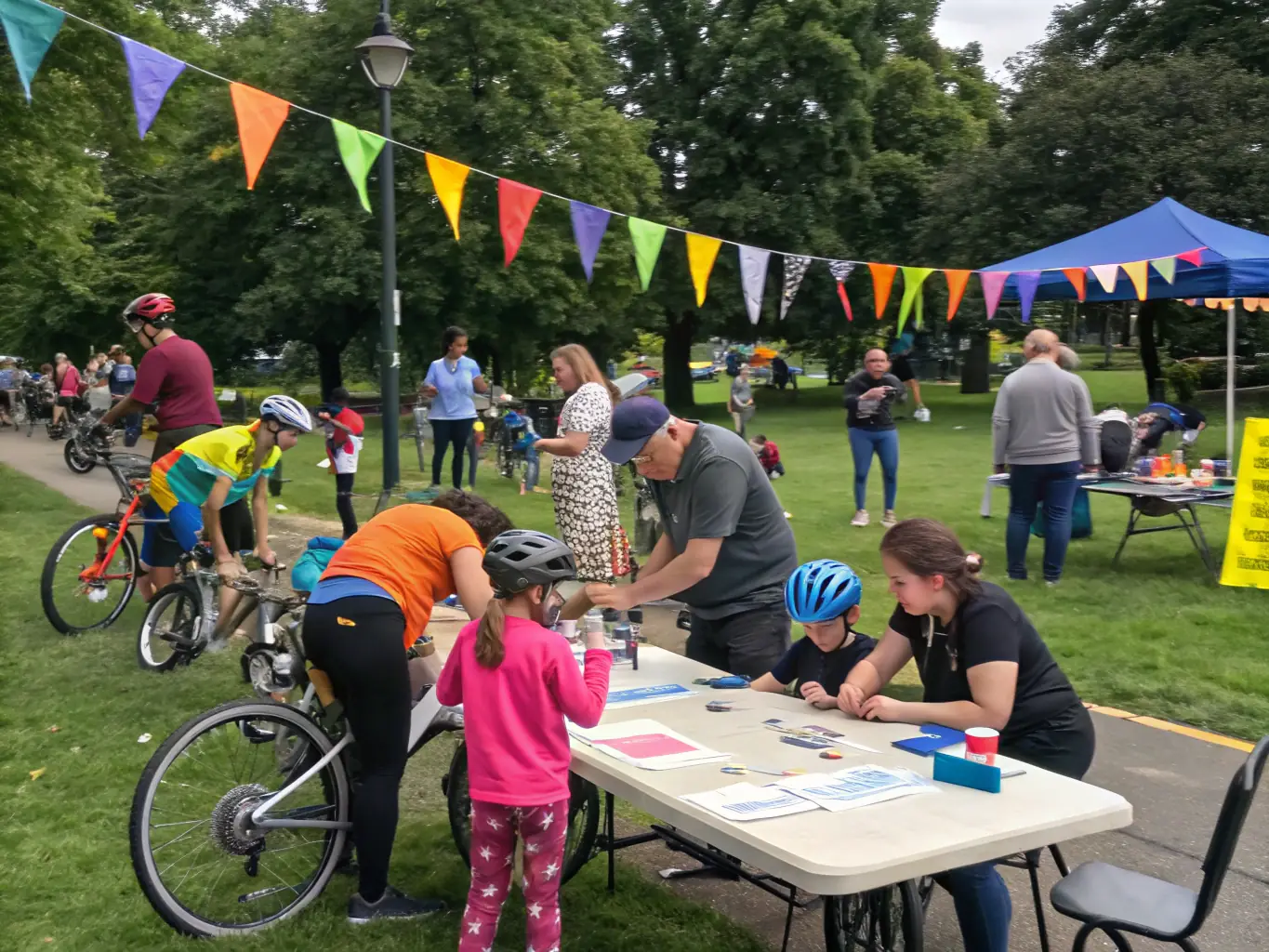 A photo of volunteers setting up for a cycling event, highlighting the collaborative effort and community support behind NORD CHARENTE CYCLISME.