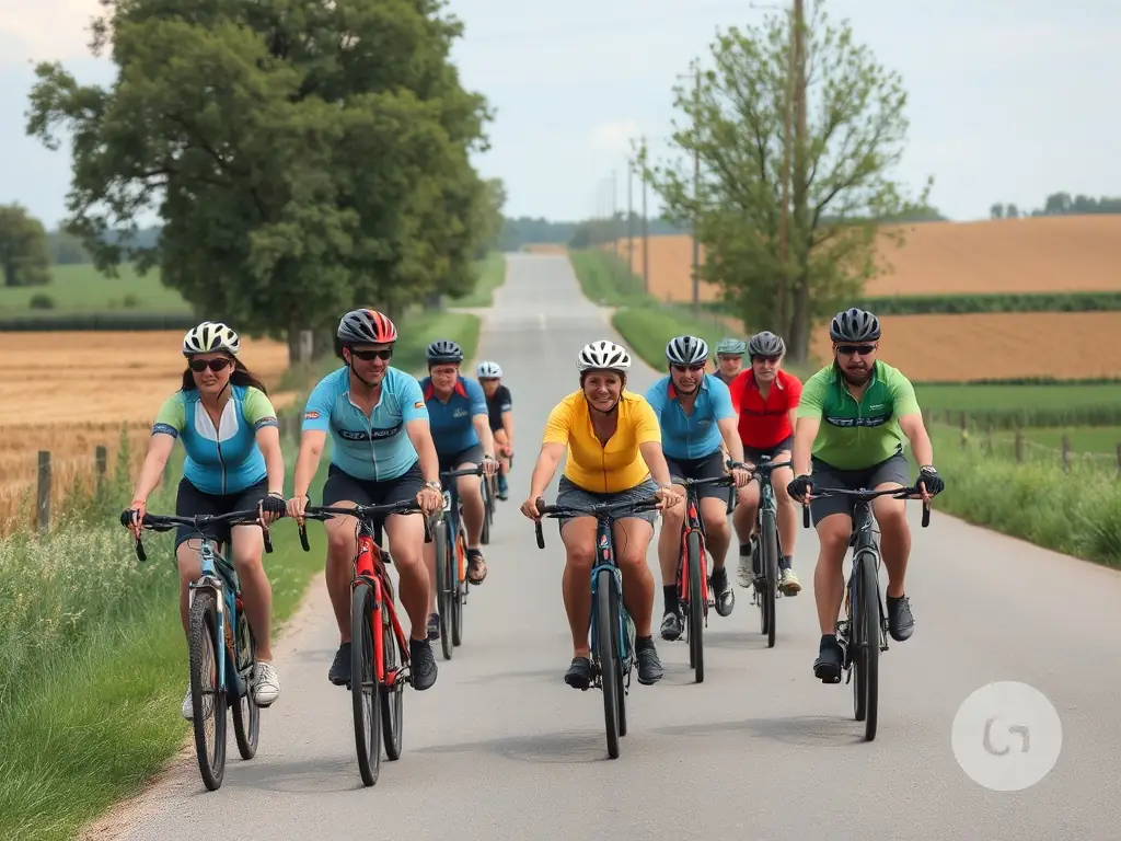 A group of cyclists participating in a training session on a scenic rural road, with instructors guiding them.